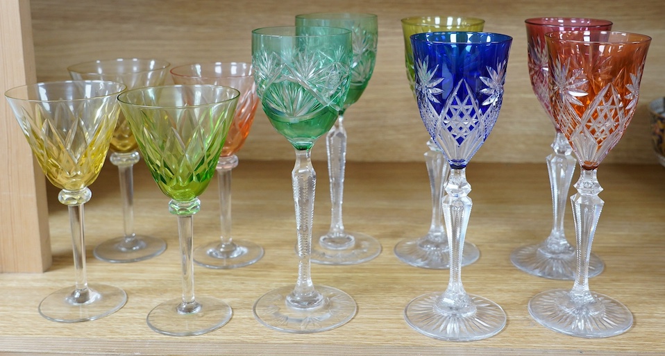 Ten cut glass colour flashed wine glasses, tallest 21.5cm. Condition - good